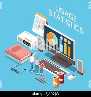 Composizione isometrica del controllo digitale parentale con grafico delle statistiche di utilizzo del tempo dello schermo di controllo visualizzato sull'illustrazione vettoriale del monitor Illustrazione Vettoriale