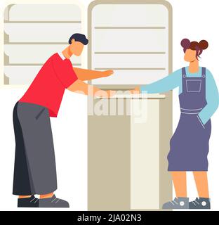 Caratteri piatti guardando il frigorifero nel negozio di elettrodomestici illustrazione vettoriale Illustrazione Vettoriale