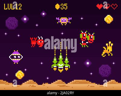 Arcade computer gioco interfaccia pixel art composizione con retrò spazio shooter aliens schermo e combattimento astronave vettore illustrazione Illustrazione Vettoriale