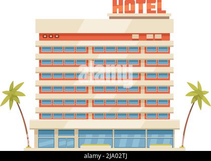 Edificio dell'hotel in campagna tropicale con illustrazione vettoriale delle icone dei cartoni animati delle palme Illustrazione Vettoriale