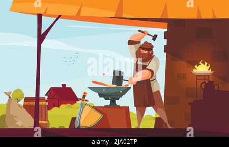 La composizione del fabbro della gente medievale l'uomo grande muscoloso forge l'oggetto di ferro nell'illustrazione del vettore smithy Illustrazione Vettoriale