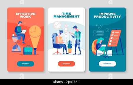 Miglioramento della produttività del lavoro con applicazioni efficaci di gestione del tempo 3 schermo mobile verticale banner colorati di sfondo illustrazione vettoriale Illustrazione Vettoriale