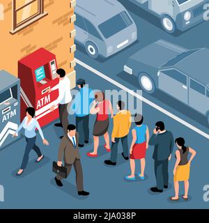 Coda isometrica persone in linea vicino a atm Outdoor illustrazione vettoriale 3d Illustrazione Vettoriale