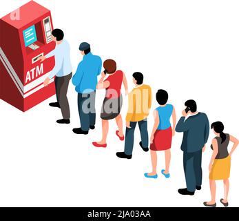 Composizione isometrica della coda con persone in posizione di attesa per illustrazione vettoriale atm Illustrazione Vettoriale