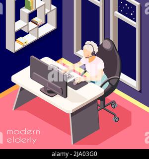 Anziani moderni sfondo isometrico illustrata donna anziana con cuffie che lavorano a laptop illustrazione vettoriale Illustrazione Vettoriale