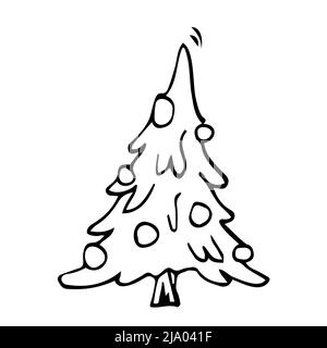 Doodle albero di natale. Semplice albero di natale decorato disegnato a mano. Illustrazione vettoriale. Isolato su bianco. Illustrazione Vettoriale