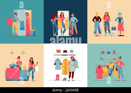 Donne in negozio di abbigliamento set quadrato con moda piatta isolato vettore illustrazione Illustrazione Vettoriale
