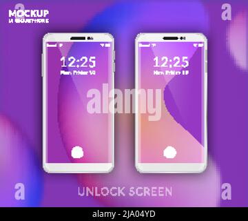 Modello di interfaccia utente per smartphone realistici impostato con immagini di telefoni con schermata iniziale impronta digitale sbloccare illustrazione vettoriale Illustrazione Vettoriale