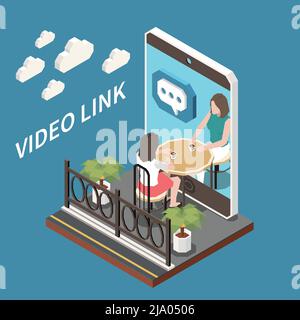 Video link composizione isometrica con due ragazze che bevono caffè e che comunicano sullo smartphone in modalità online illustrazione vettoriale Illustrazione Vettoriale