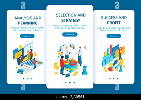 Investimento di successo 3 banner verticali su schermo mobile con selezione del progetto analisi della strategia di pianificazione profitti illustrazione vettoriale isometrica Illustrazione Vettoriale