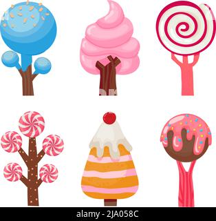 Collezione di alberi di caramello, pianta dolce fatta di zucchero Illustrazione Vettoriale