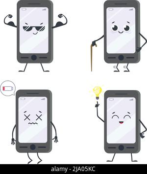 Set di personaggi di Cartoon smartphone di emozioni, felice e sconvolto Illustrazione Vettoriale