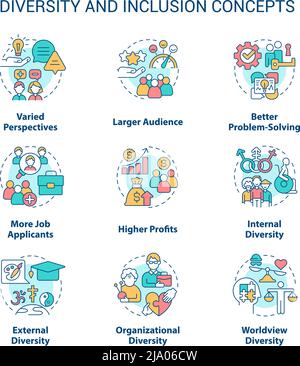 Set di icone di concetto di diversità e inclusione Illustrazione Vettoriale