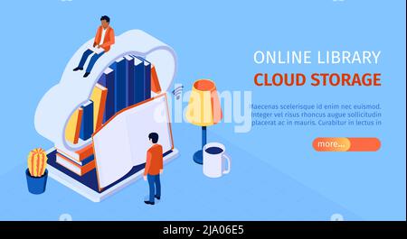 Pagina di destinazione della libreria online banner Web orizzontale isometrico con lettura dell'utente su cloud illustrazione vettoriale dello storage della libreria virtuale Illustrazione Vettoriale