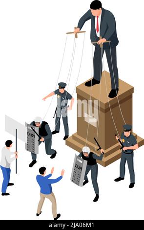 Concetto di totalitarismo del governo dei burattini isometrici con leader forze armate protestanti 3D illustrazione vettoriale Illustrazione Vettoriale
