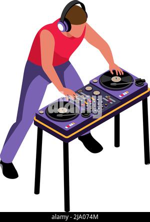 Icona isometrica con dj che riproduce musica su un'illustrazione vettoriale del controller professionale Illustrazione Vettoriale