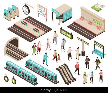 Le persone isometriche della metropolitana sono impostate con caratteri isolati di passeggeri in attesa icone di treni piattaforme e scale mobili illustrazione vettoriale Illustrazione Vettoriale