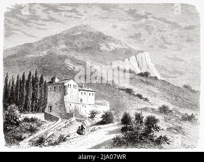 Monastero di Vourkano, Peloponneso, Grecia. Europa. Viaggio in Grecia, 1861-1868-1874, di Henri Belle. Le Tour du Monde 1879 Foto Stock