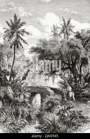 Il ponte rosso vicino a Port-au-Prince, Haiti. Caraibi, America Centrale. Haiti di Edgar la Selve 1871. Le Tour du Monde 1879 Foto Stock