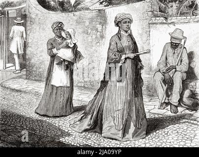 Donna haitiana vestita con abiti tipici ed eleganti dell'alta società, Port-au-Prince, Haiti. Caraibi, America Centrale. Haiti di Edgar la Selve 1871. Le Tour du Monde 1879 Foto Stock