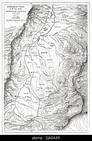 Da Cali a Popayan. Dipartimento valle del Cauca . Colombia, Sud America. Mappa dell'itinerario di viaggio attraverso l'America equinoziale 1875-1876 di Edward Francois Andre. Le Tour du Monde 1879 Foto Stock