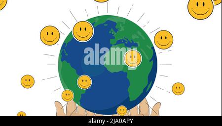 Immagine di emoticon sorridenti sulle mani che tengono il globo su sfondo bianco Foto Stock