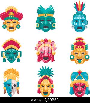 Maya civiltà cartoni animati set di icone con maschere tradzionali e accessori illustrazione vettoriale isolato Illustrazione Vettoriale