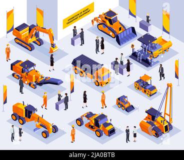 Composizione espositiva di costruzioni isometriche con scenario interno di stand espositivi con macchine stradali e illustrazione vettoriale delle persone Illustrazione Vettoriale