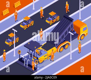 Composizione isometrica per la costruzione di strade con paesaggi all'aperto e macchine stradali con personaggi di costruttori in uniforme illustrazione vettoriale Illustrazione Vettoriale