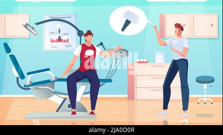 Protesi dentarie composizione piatta con medico interno scenario di ufficio con odontoiatri sedia e doodle caratteri umani illustrazione vettoriale Illustrazione Vettoriale