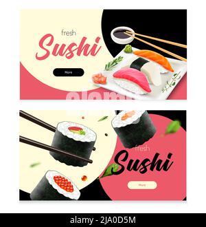 Gli striscioni orizzontali realistici del sushi fresco impostano l'illustrazione vettoriale isolata Illustrazione Vettoriale