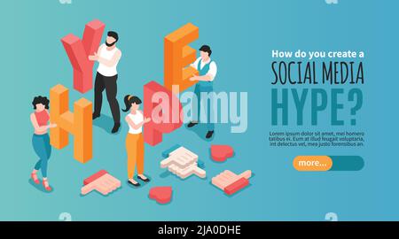 Banner hype orizzontale sui social media con caratteri umani contenenti lettere e gradisce l'illustrazione vettoriale isometrica 3d Illustrazione Vettoriale