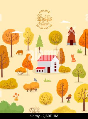 Casa di villaggio soggiorno in surround autunno legno Illustrazione Vettoriale