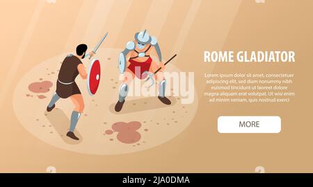 Gladiatori isometrici dell'antica roma banner orizzontale con testo modificabile More Button e guerrieri combattenti con illustrazione vettoriale del sangue Illustrazione Vettoriale