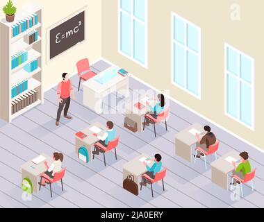 Scuola classe sfondo isometrico con gli alunni seduti alle scrivanie e ascoltare insegnante in piedi vicino blackboard illustrazione vettoriale Illustrazione Vettoriale