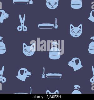 PET Care, motivo senza cuciture su sfondo blu Illustrazione Vettoriale