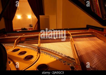 Ponte basso e platorello in acciaio fuso primo piano di una Steinway e Sons Grand piano in una sala eventi neoclassica, Atene Grecia. Foto Stock