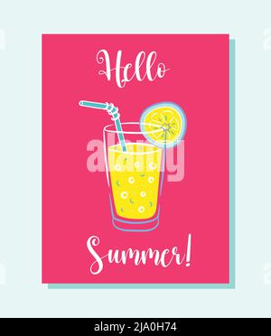 Sfondo vettoriale estivo brillante con vaso in vetro con limonata, bolla vocale e testo scritto a mano Ciao estate . Carta estate disegno a mano con fresco Illustrazione Vettoriale
