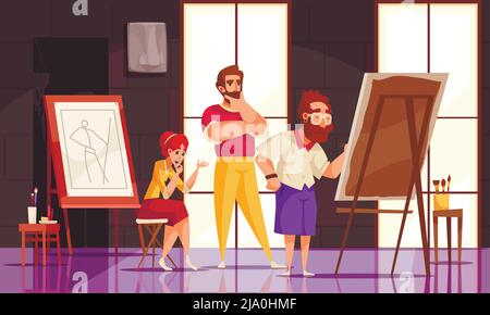 Insegnante professionista che dà l'arte master classe a uomo e donna in studio cartoon illustrazione vettoriale Illustrazione Vettoriale