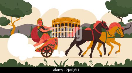 Antico guerriero romano in carro trainato da due cavalli sullo sfondo con illustrazione vettoriale piatta del colosseo Illustrazione Vettoriale