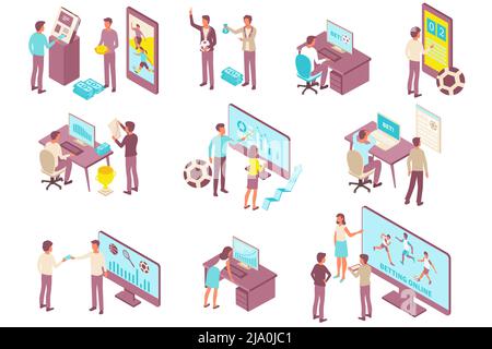 Insieme isometrico di icone con bookmaker lavoro in diverse forme e fasi di lavoro isolato illustrazione vettoriale Illustrazione Vettoriale