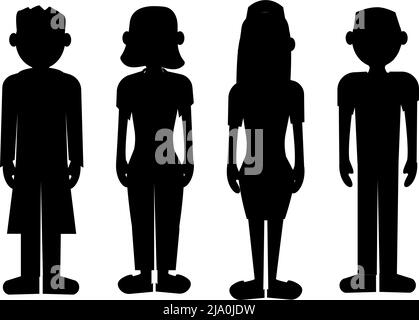 Silhouette nere di quattro persone, dipendenti o uomini d'affari, e donne, un gruppo di persone al lavoro. Personaggi cartoni animati Illustrazione Vettoriale