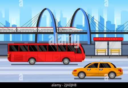 Trasporti pubblici composizione treni autobus e taxi vanno come al solito intorno alla città vettore illustrazione Illustrazione Vettoriale