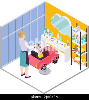 Bambini parrucchiere salone di bellezza composizione isometrica con bambino su seggiolino auto giocattolo con bambino adulto lavoro haircutter vettore illustrazione Illustrazione Vettoriale