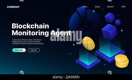 Agente di monitoraggio Blockchain. Banner Web isometrico. Illustrazione vettoriale Illustrazione Vettoriale