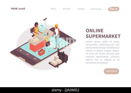 Layout della pagina di destinazione del supermercato online con luogo per informazioni testuali sui servizi e contatti illustrazione vettoriale isometrica Illustrazione Vettoriale