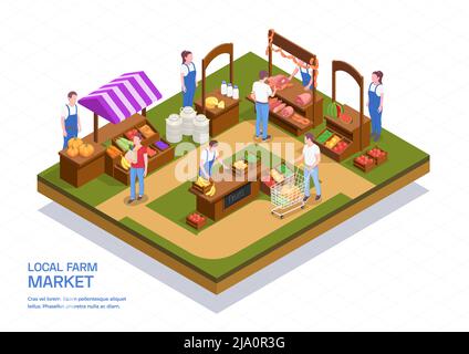 Composizione isometrica colorata con agricoltori che vendono carne fresca frutta ortaggi e latticini al mercato agricolo locale illustrazione vettoriale 3d Illustrazione Vettoriale