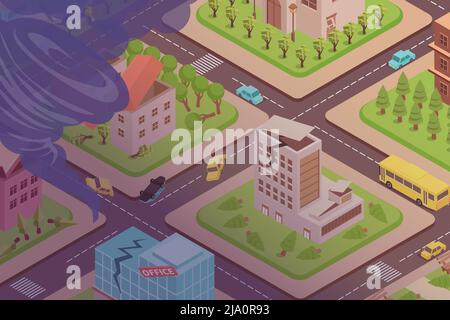 Disastro tornado composizione isometrica con vista ad occhio di uccello delle strade automobili rotte edifici danneggiati e imbuto illustrazione vettoriale Illustrazione Vettoriale