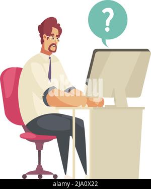 I dispatcher supportano la composizione del call center con vista dell'agente maschile sul posto di lavoro con illustrazione del vettore del punto interrogativo Illustrazione Vettoriale