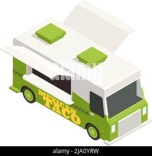 Street mexican taco food truck in verde e bianco icona isometrica 3D illustrazione vettoriale Illustrazione Vettoriale